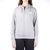 A person stands against a plain white background wearing The North Face Women's Exploration Full Zip Hoodie in light gray, featuring a hood and logo on the left chest, paired with dark pants.