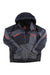 The Spyder Mens Leader Jacket in dark gray and black with red accents features Primaloft Silver Eco insulation, a front zipper, chest pocket, and two side pockets, shown laid flat facing up.