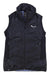 A black Salewa Womens Ortles Hybrid TIROL WOOL Responsive Vest with a high collar, front zipper, two zippered side pockets, and a white bird logo on the left chest is laid flat on a white background. Water repellent and wind resistant.