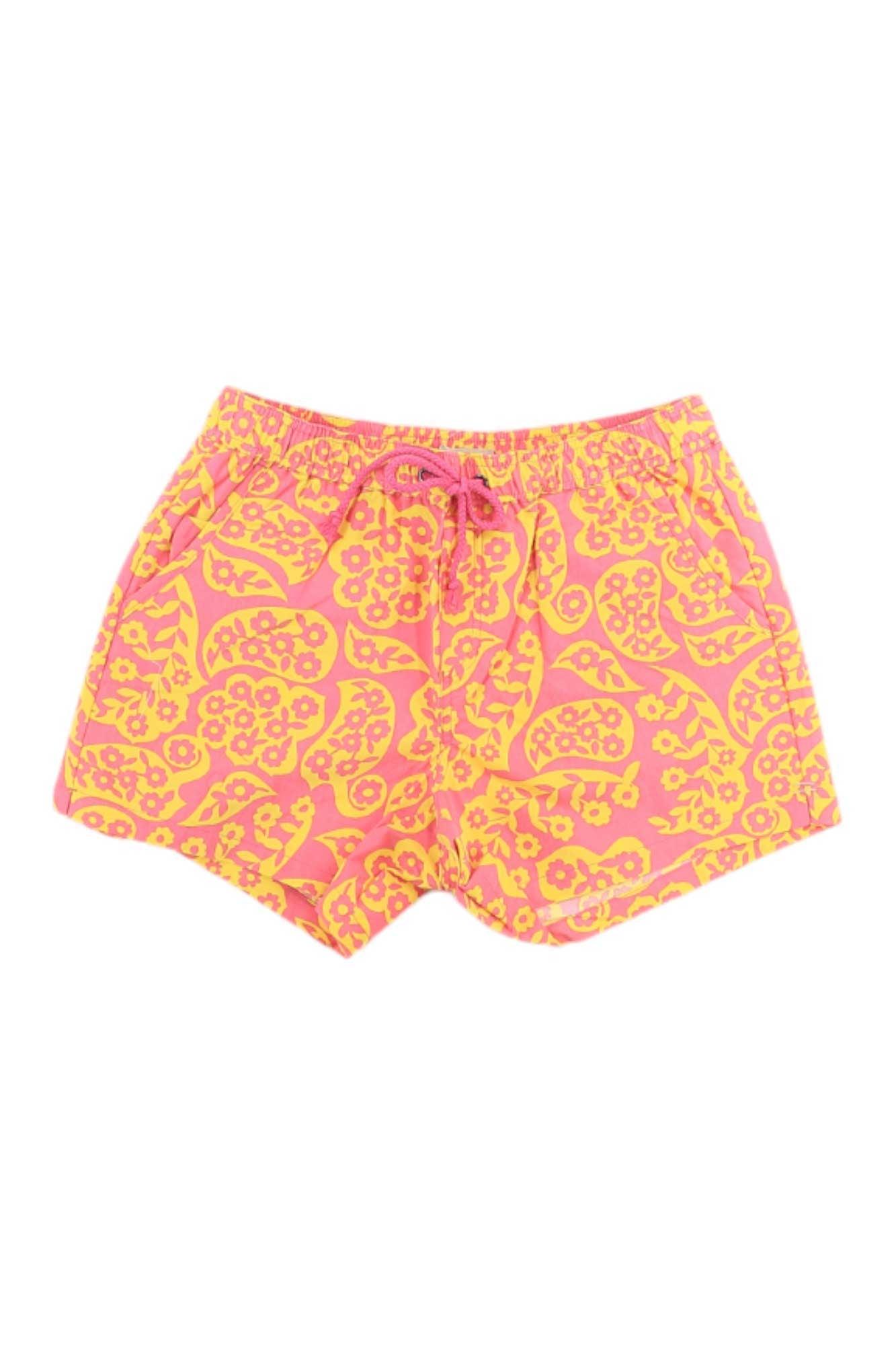 Toad & Co Women's Boundless 4 Inch Short—pink organic cotton shorts with a yellow abstract animal and floral pattern, elastic waistband, and pink drawstring; ideal casual wear for everyday comfort.