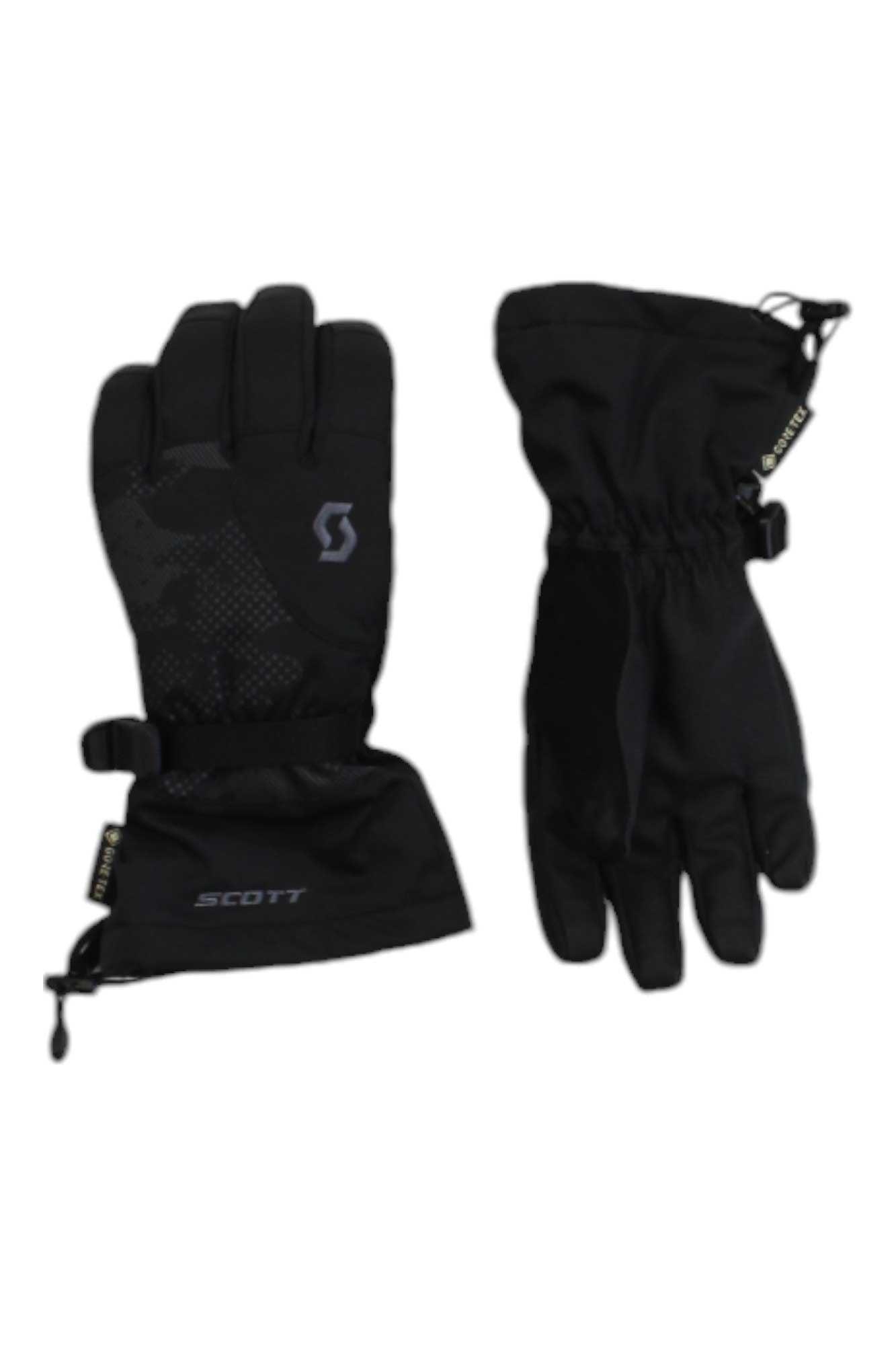 The Scott USA Juniors Ultimate Premium GTX Glove is a pair of black ski gloves with adjustable wrist cuffs, GORE-TEX tags on the sides, and insulated design for warmth, shown from top and bottom.