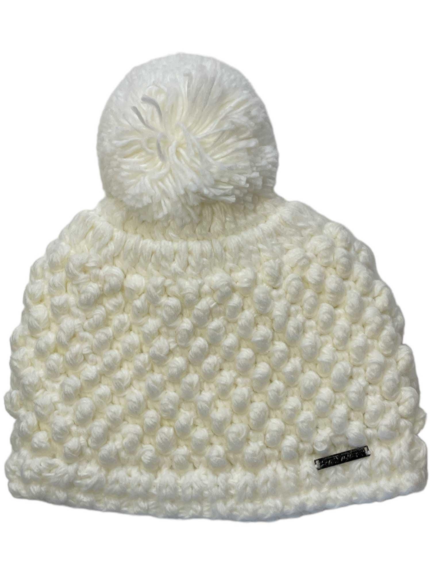 The Spyder Girls Brrr Berry Hat is a white knit winter hat for kids with a textured bobble design, a large top pom-pom, and a small metal tag near the edge.