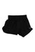 Tasc Womens Game On! 4IN Short—black fitness shorts for women featuring an elastic waistband and a small logo on one leg, displayed against a white background.