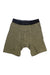 Olive green Carhartt Mens 8 Inch Basic Cotton-Poly Boxer Briefs (2 Pack) with black logo waistband, shown laid flat on a white background. The fabric's slight wrinkles showcase its durable Rugged Flex technology for comfort.