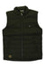 The Greenland Down Liner Vest is dark green, sleeveless, and insulated with recycled polyester. It has a front zipper, two zippered side pockets, a buttoned chest pocket, high collar, and a small brown logo patch near the hem.
