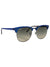Ray-Ban Clubmaster Sunglasses featuring blue marbled frames, silver accents, and dark gradient lenses displayed on a white background.
