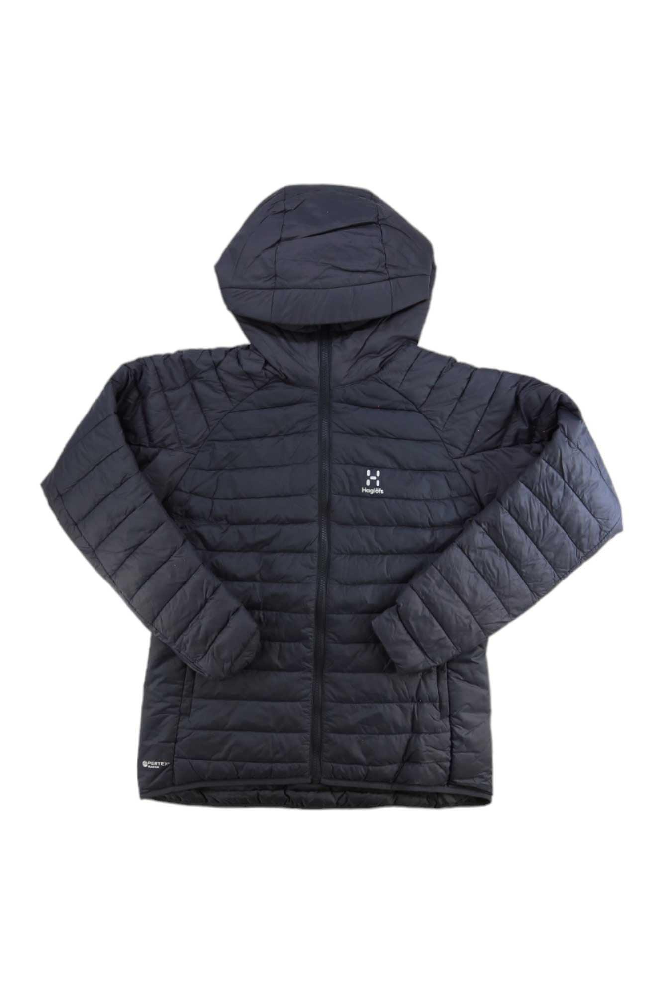 The Haglofs Womens Spire Mimic Hoodie is a black, quilted jacket with hood, front zipper, small white chest logo, long sleeves, two side pockets, and synthetic Mimic Gold insulation for warmth.