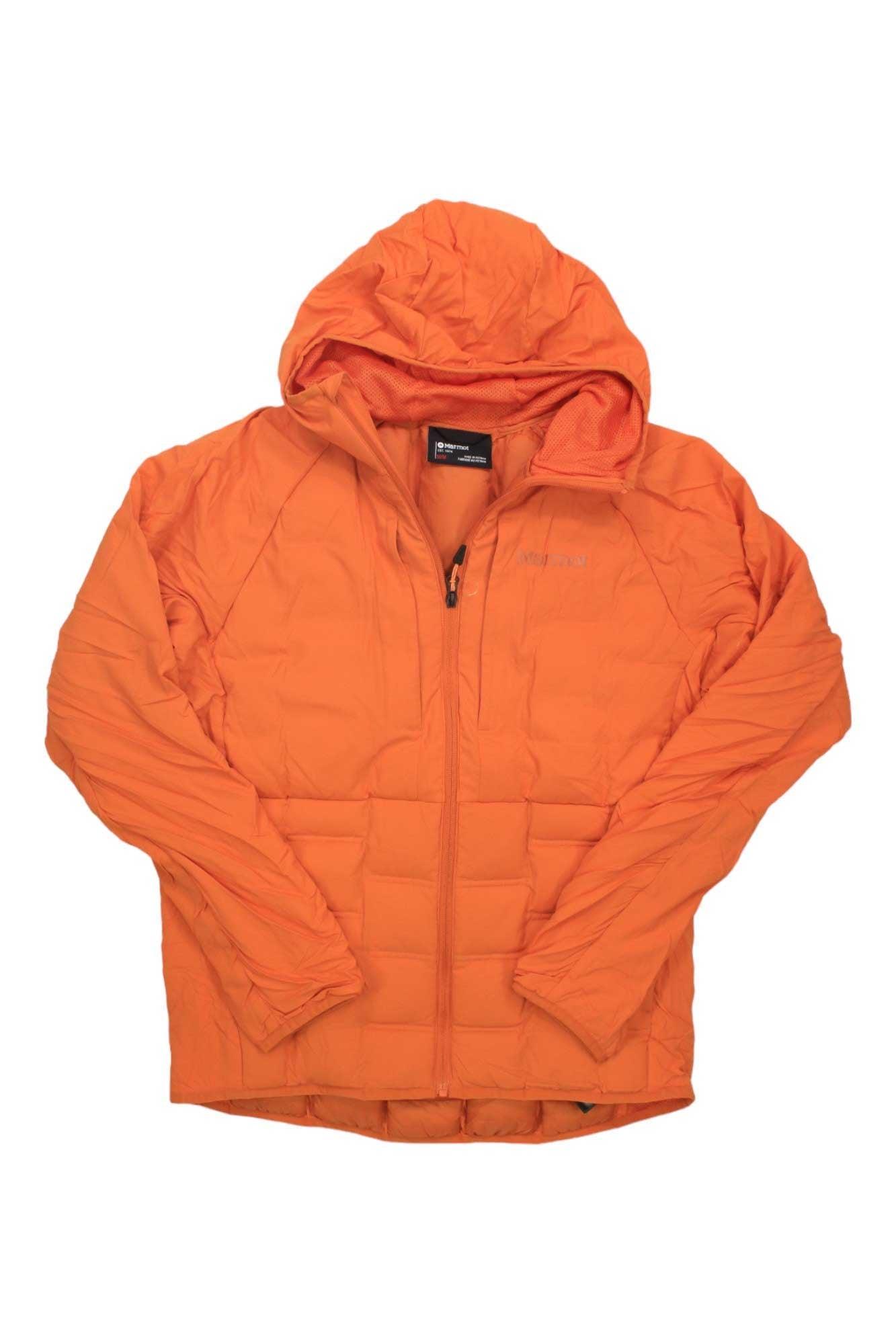 The Mens WarmCube Active Alt HB Jacket in orange, featuring 700 fill down insulation, hood, front zipper, long sleeves, and visible stitching details, is laid flat on a white background.