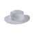 The Outdoor Research Women’s Solar Roller Sun Hat is a light gray, moisture-wicking wide-brim hat with stitched detailing and crown ventilation holes—ideal for hiking. Shown on a white background.