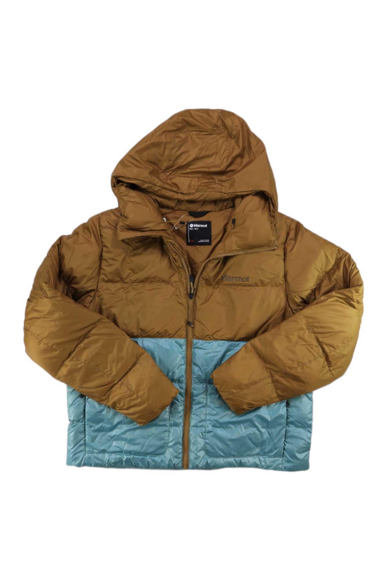 The Marmot Womens Guides Down Hoody in brown and light blue features 700-fill power down, a hood, and zipper closure—ideal as a ski jacket for cold-weather adventures.