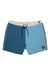 The Roark Men's Chiller 17 Inch Mixtape Boardshort features a two-tone design with dark blue and light blue legs, a white waistband, black drawstring, patterned side trim, 4-way stretch fabric for comfort, and a circular logo patch on the left leg.