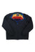 The Airblaster Mens Double Puff Jacket, shown flat with its zipper halfway open, is a black reversible jacket for men with elastic cuffs and a fleece lining featuring colorful red, orange, yellow, green, and blue stripes.