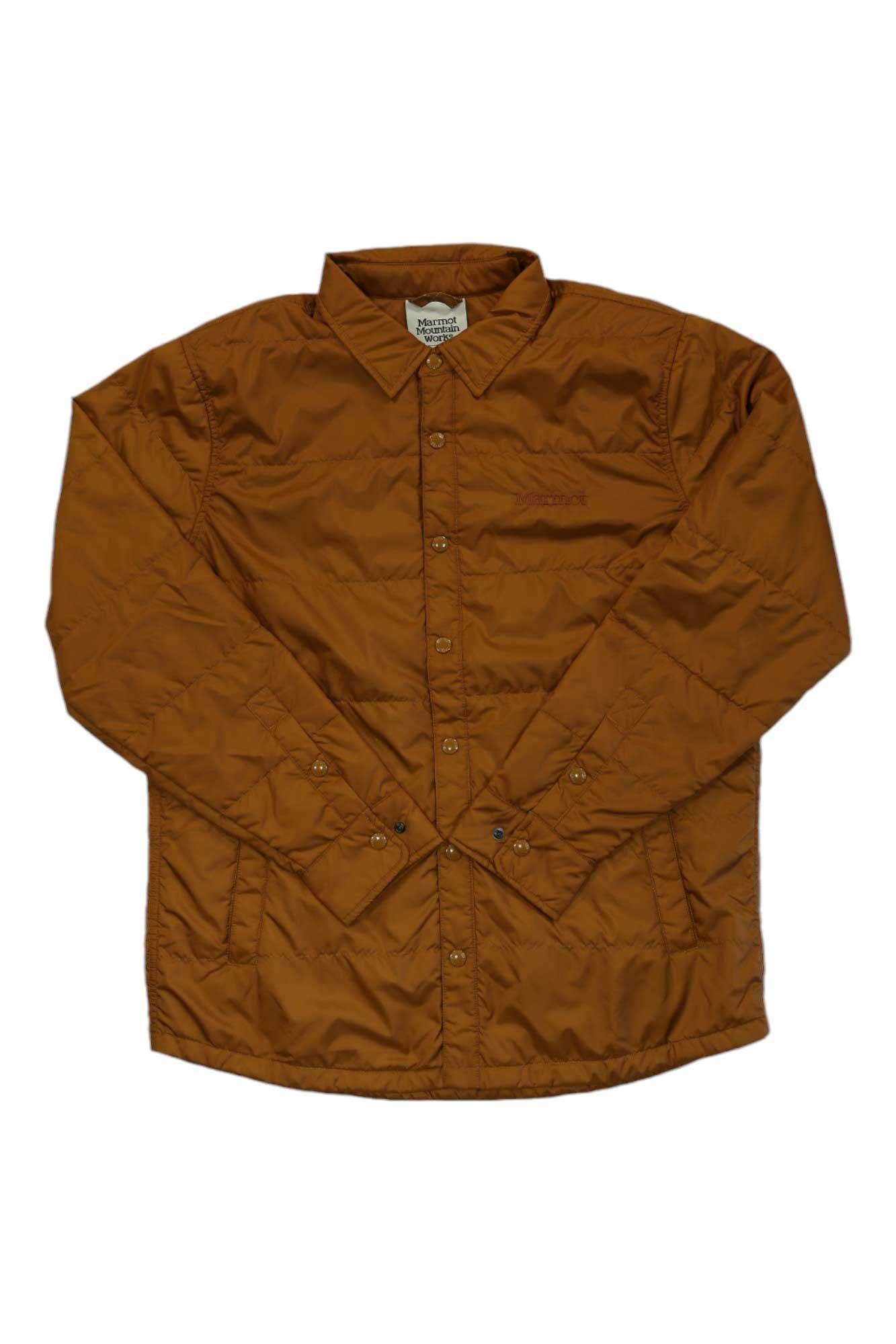 The Marmot Men's Rye Jacket shown here is a brown, insulated shirt jacket with long sleeves, a collar, and chest pocket, displayed flat on a white background.