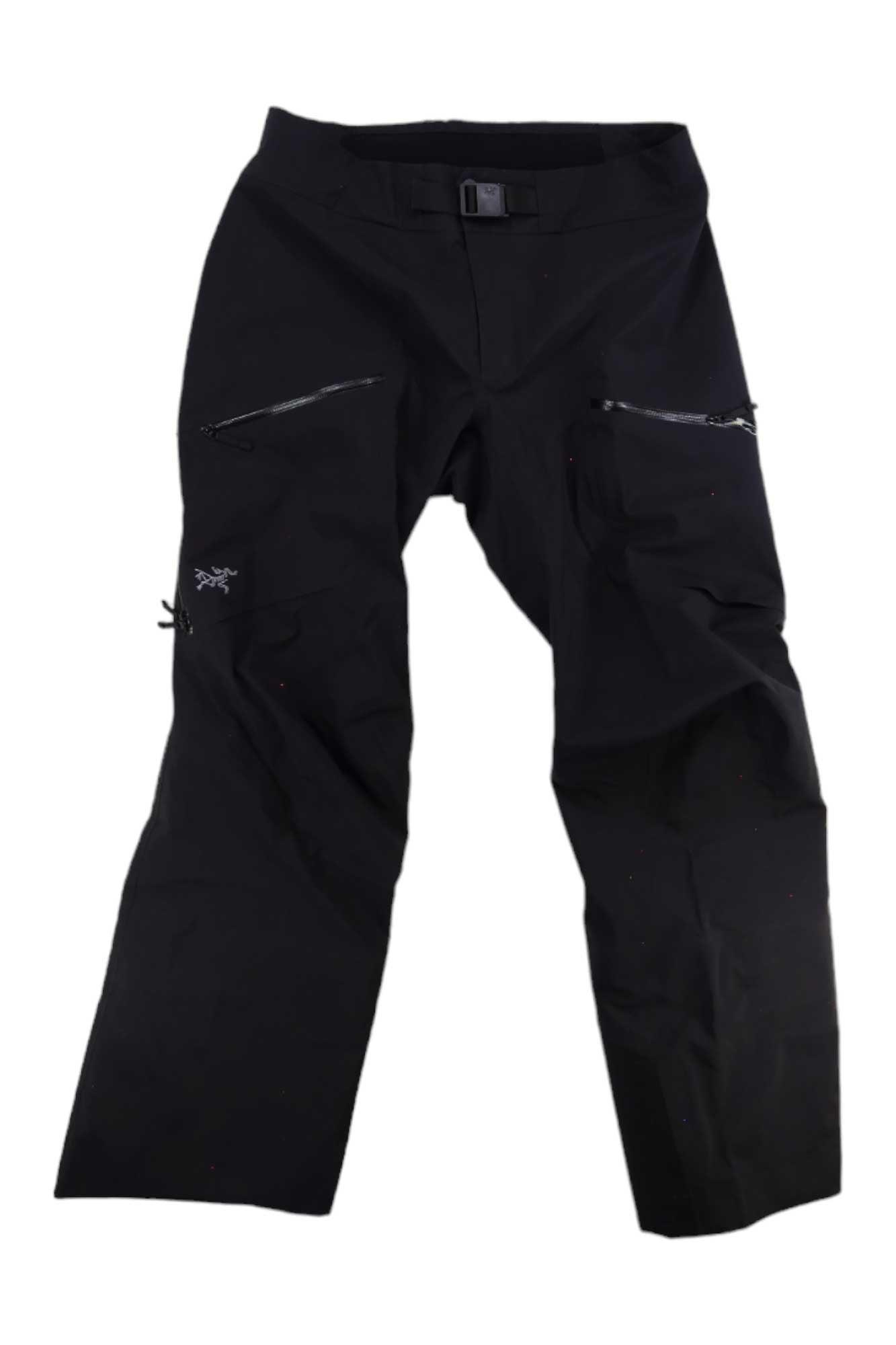 Arc'teryx Women's Sentinel Pant in black, featuring zippered pockets, a built-in belt, and an embroidered logo on the upper left leg. Shown laid flat on a white background. Ships to US addresses only.