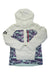 The Outdoor Research Womens Snowcrew Anorak is a white waterproof jacket made from recycled polyester with purple, teal, and black camo, a red-zippered front pocket, and a sleeve logo patch—ideal for women's snowsports.