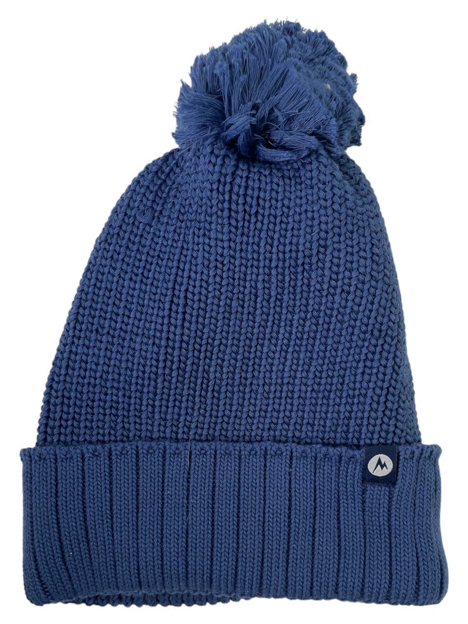 The Womens Snoasis Pom-Pom Beanie is a blue winter hat for women, made from recycled polyester with a large pom-pom, folded brim, and a small black and white logo patch on the brim.