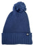 The Womens Snoasis Pom-Pom Beanie is a blue winter hat for women, made from recycled polyester with a large pom-pom, folded brim, and a small black and white logo patch on the brim.