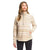 A person stands with one hand in a pocket, wearing The North Face Womens Printed Crescent 1/4 Zip Pullover in cream and tan, high collar visible, gazing slightly to the side.