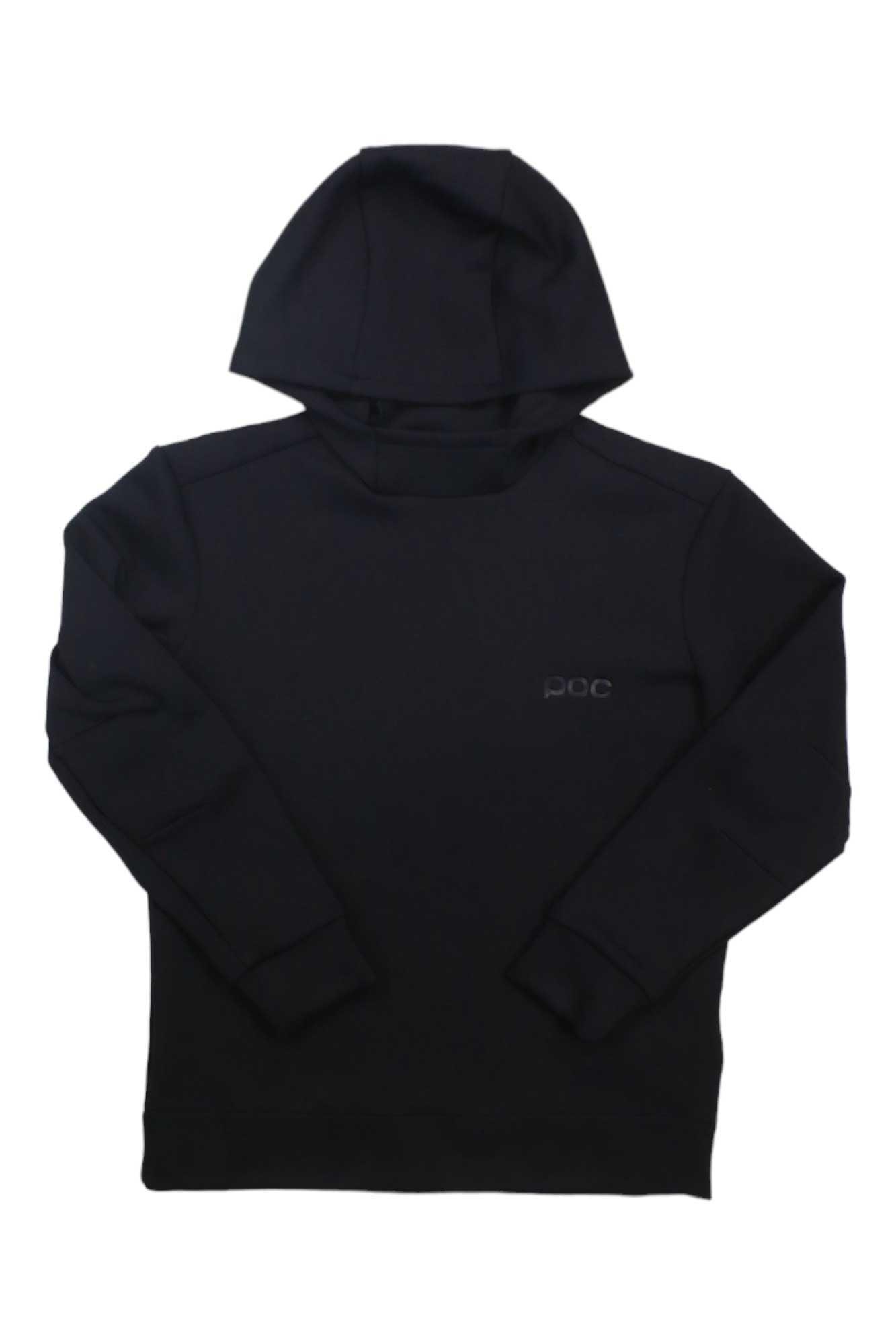 The POC Sports Youth Essential MTB Hoodie, made of Japanese Delta-Peak polyester, features long sleeves and a subtle POC logo on the left chest. Shown here in plain black and laid flat on a white background.