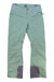 Obermeyer Womens Bliss Pant in light green features two zippered waist pockets, button closure, and reinforced gray inner lower leg patches. These insulated ski pants are shown laid flat on a white background.