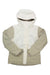 The Womens Refuge Jacket is a beige and off-white eco-friendly outdoor jacket with a hood, front zipper, Velcro closures, long sleeves, and a high collar. This lightweight waterproof jacket is ideal for outdoor activities.