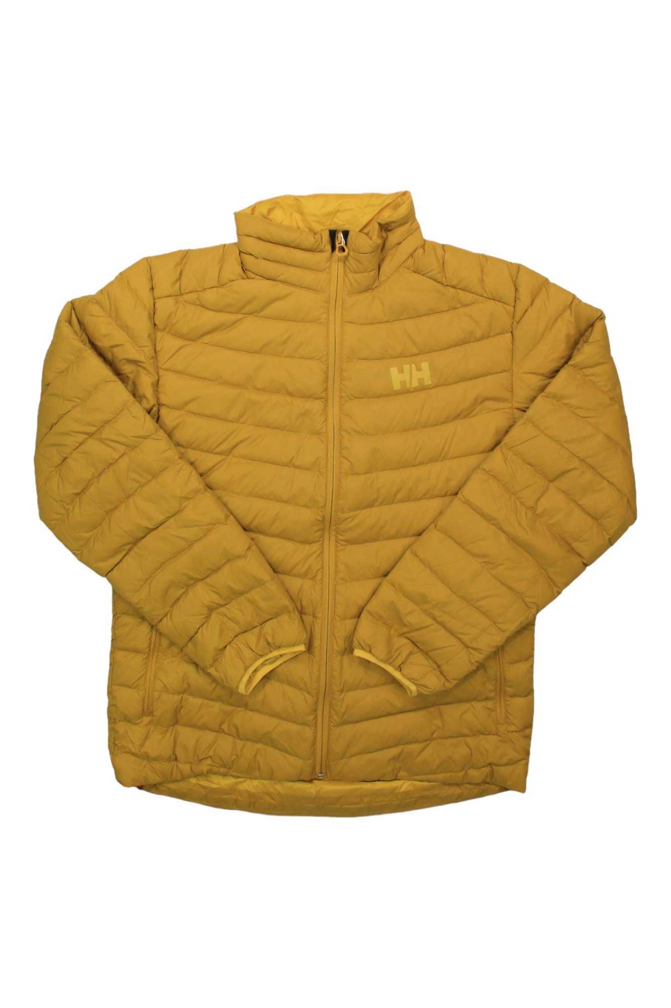 The Helly Hansen Men's Verglas Down Insulator Jacket is quilted, mustard yellow, with 700 fill power down, a front zipper, high collar, subtle HH logo on the left chest, and two side pockets.