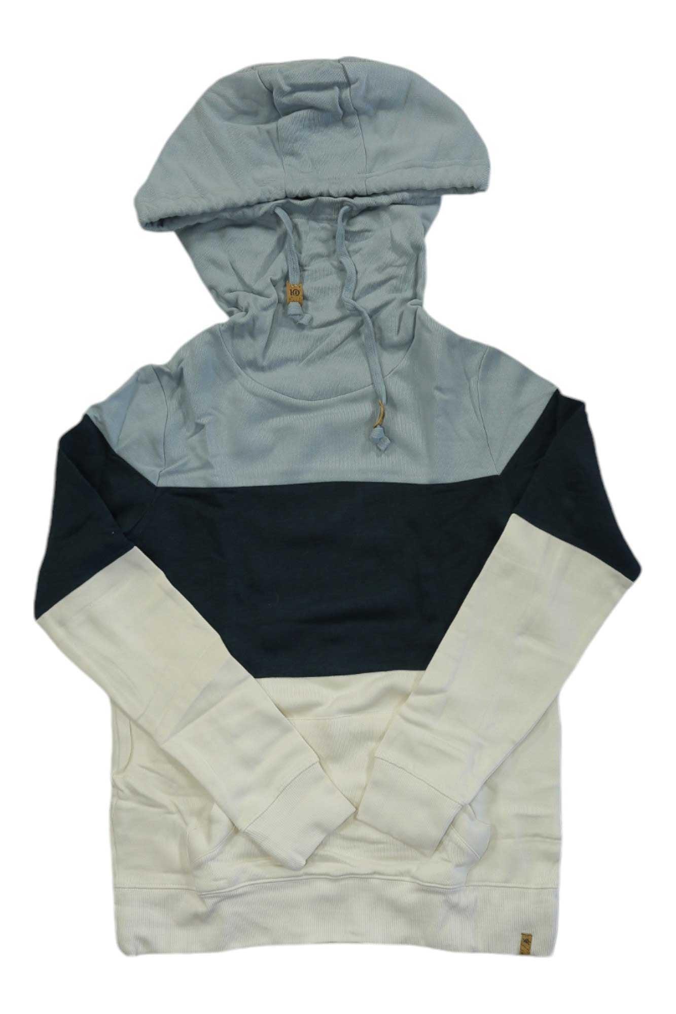 The Tentree Womens Treefleece Blocked Banshee Hoodie features soft organic cotton in a color-blocked design with light gray on top, dark gray in the middle, and off-white at the bottom and sleeves, finished with a drawstring hood.