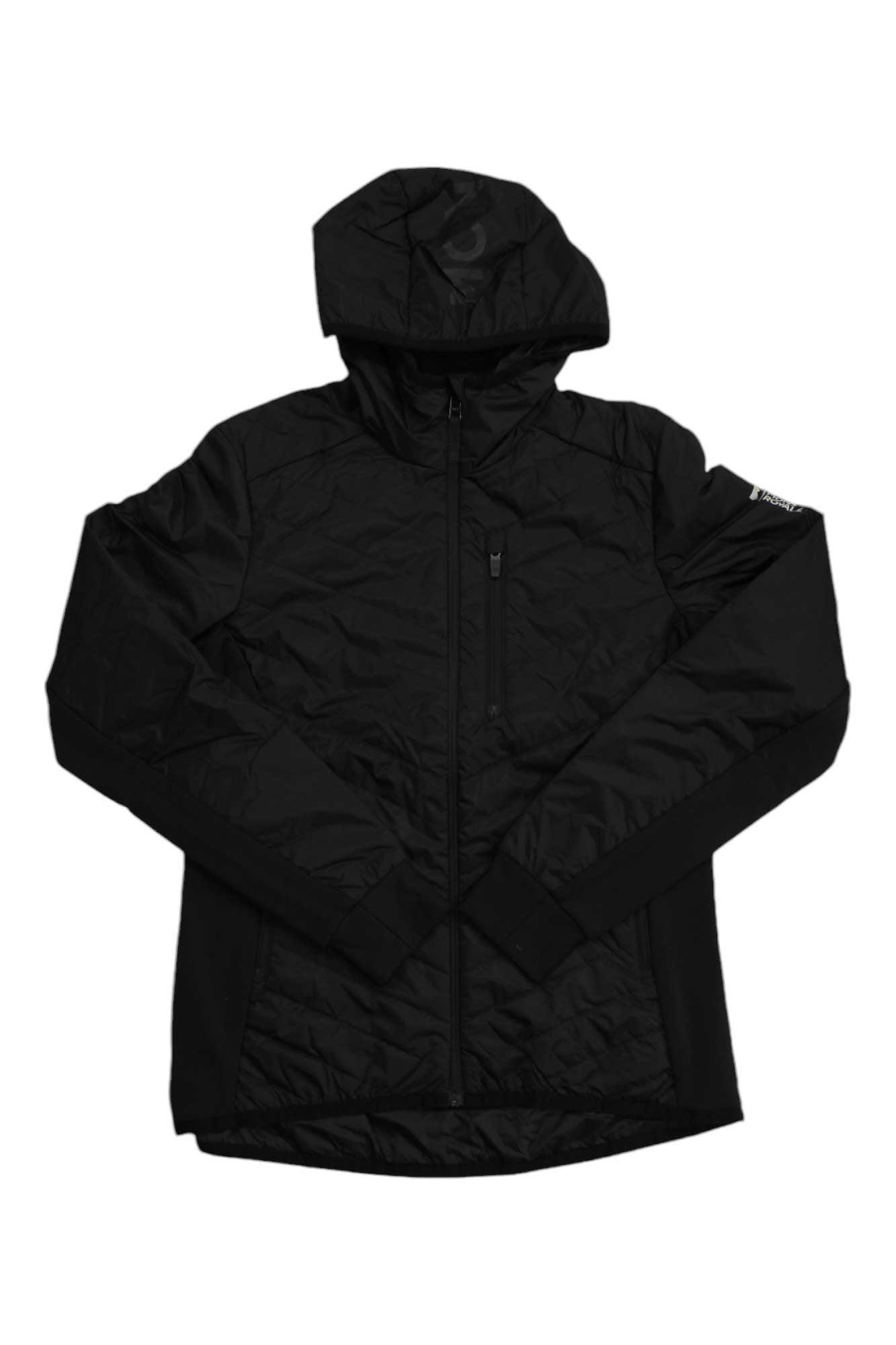 The Mons Royale Womens Neve Wool Insulation Hood is a black mid-layer jacket featuring a front zipper, chest pocket, long sleeves, and subtle quilted patterns—lightweight and sustainable for outdoor wear.