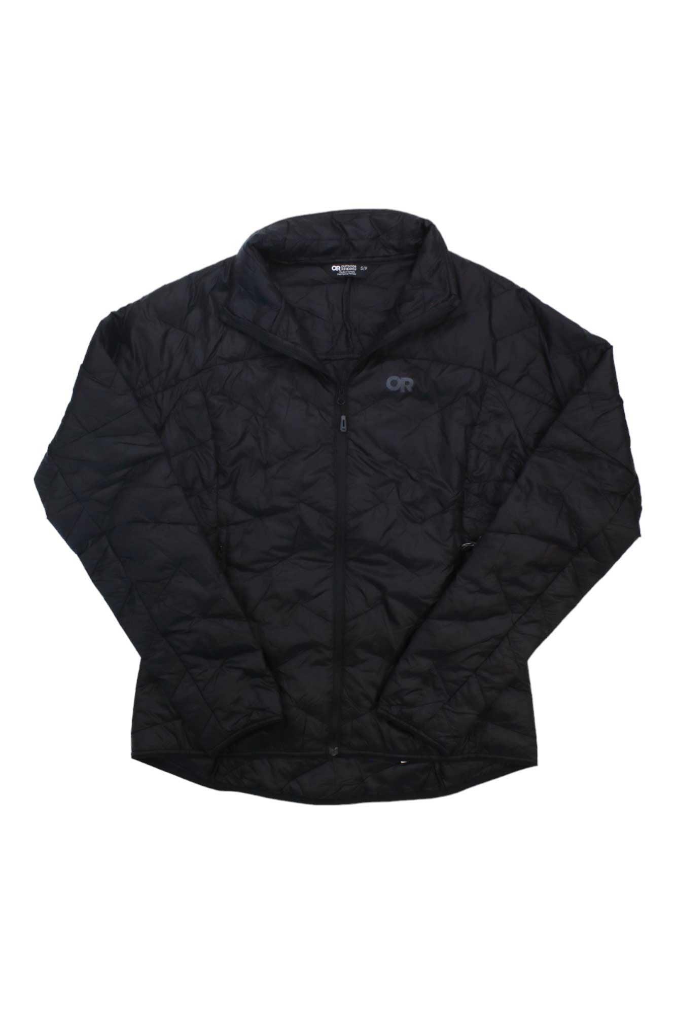 The Outdoor Research Women's Superstrand LT Jacket is a black, packable, ultralight quilted jacket with a front zipper, stand-up collar, water resistance, and the OR logo on the left chest. It’s shown laid flat on a white background.