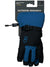 A pair of blue and black Outdoor Research Kids Adrenaline Glove winter gloves with a strap, adjustable wrist buckle, “OR” logo on the back, and attached to black packaging.