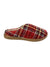 Plaid closed-back mule slipper with quilted panel and textured tan rubber sole