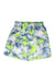 The Under Armour Boys' Woven Printed Short features a blue, white, and neon green abstract pattern with a black logo on the lower left leg. These athletic shorts provide moisture-wicking and quick-drying comfort for active days.