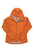 An orange Rab Womens Kinetic Alpine 2.0 Jacket featuring a front zipper, long sleeves, and a small chest pocket is shown laid flat on a white background. This technical shell jacket is waterproof.