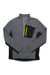The Spyder Men's Bandit Half Zip Jacket is a gray fleece quarter-zip pullover with a yellow zipper and logo, black zippered chest pocket, black side panels, and moisture-wicking fabric.