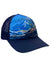 Trucker hat with blue ocean wave graphic, dark blue mesh sides and brim