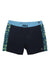 The Roark Men's Passage Panel 17 Inch Batik Boardshort features navy blue fabric, a light blue waistband, black drawstring, green-yellow batik side panels, 4-way stretch recycled polyester, and a small round logo near the left hem.