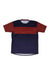 The Zoic Mens Ravel Jersey is a mountain biking top with a navy blue lower section, maroon sleeves, and a wide maroon chest stripe. It features a round collar edged in maroon and is made from breathable fabric for comfort on any ride.