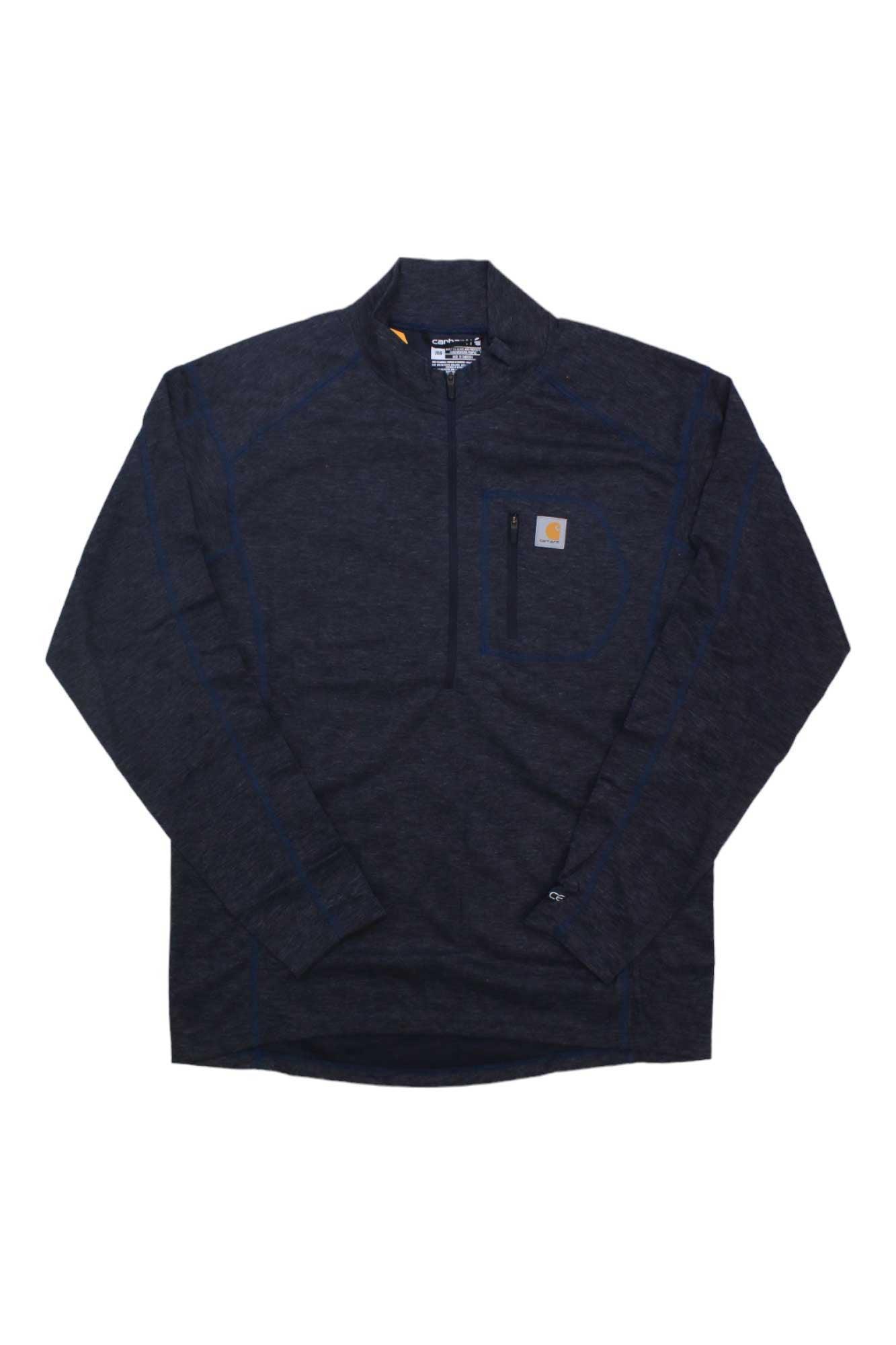 The Carhartt Mens Base Force Midweight Poly-Wool Quarter-Zip Pocket Top is a long-sleeve, dark blue pullover featuring a chest pocket with a zipper and a small Carhartt logo patch.