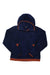 The North Face Mens Campshire Fleece Hoodie in navy blue features a front pocket, orange-trimmed cuffs and hem, and a quarter-zip neckline. Laid flat on white background; ideal for hiking or as your everyday fleece.