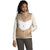 A woman in The North Face Women's Sylvester Vest, featuring a beige and white chevron pattern and crafted from recycled polyester, stands with one hand in her pocket, gazing to the side.