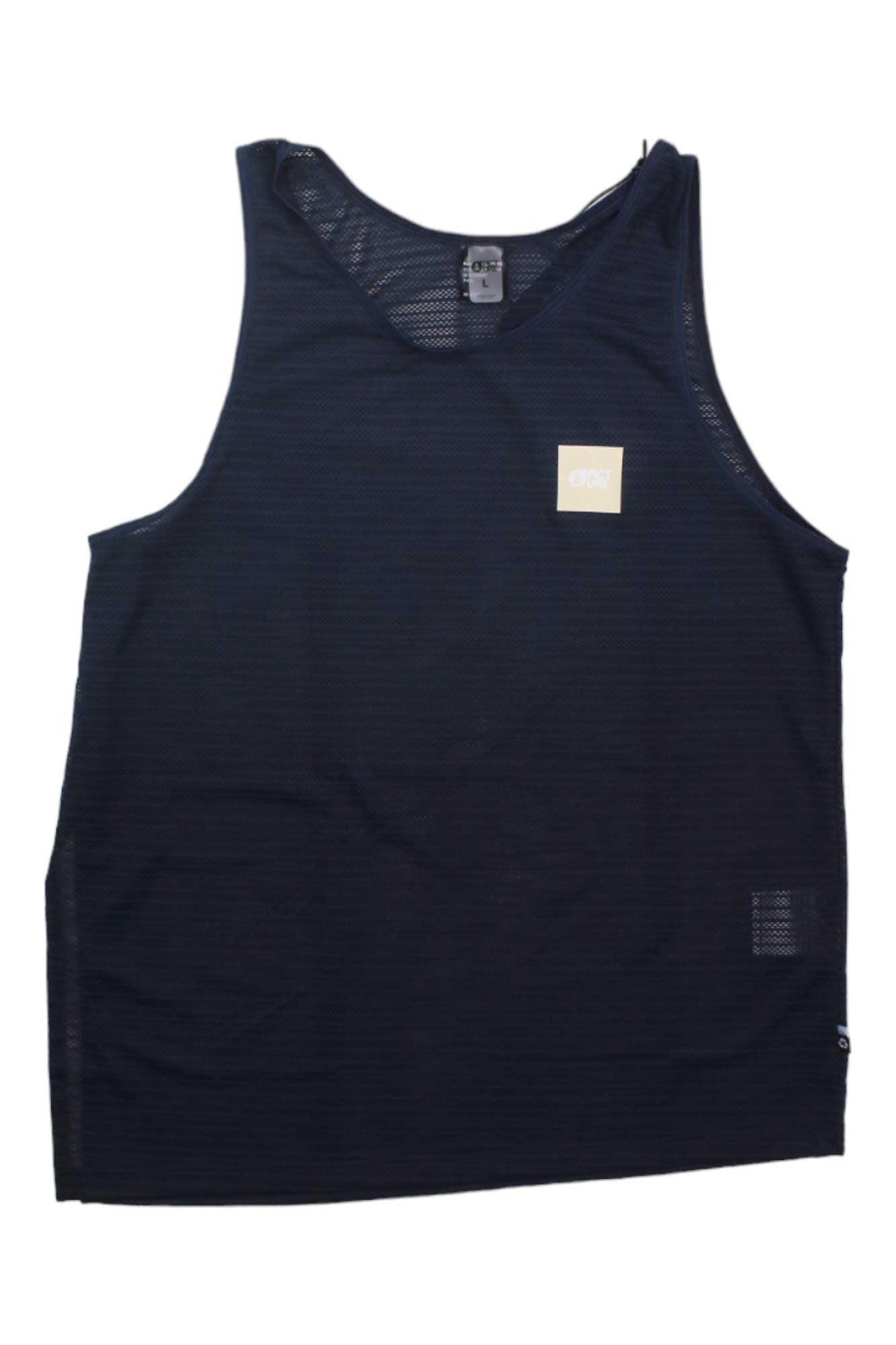 The Picture Women's Oblik Tech Tank is a black sleeveless UPF50+ top with a round neckline and a small rectangular beige chest patch, shown laid flat on a white background.