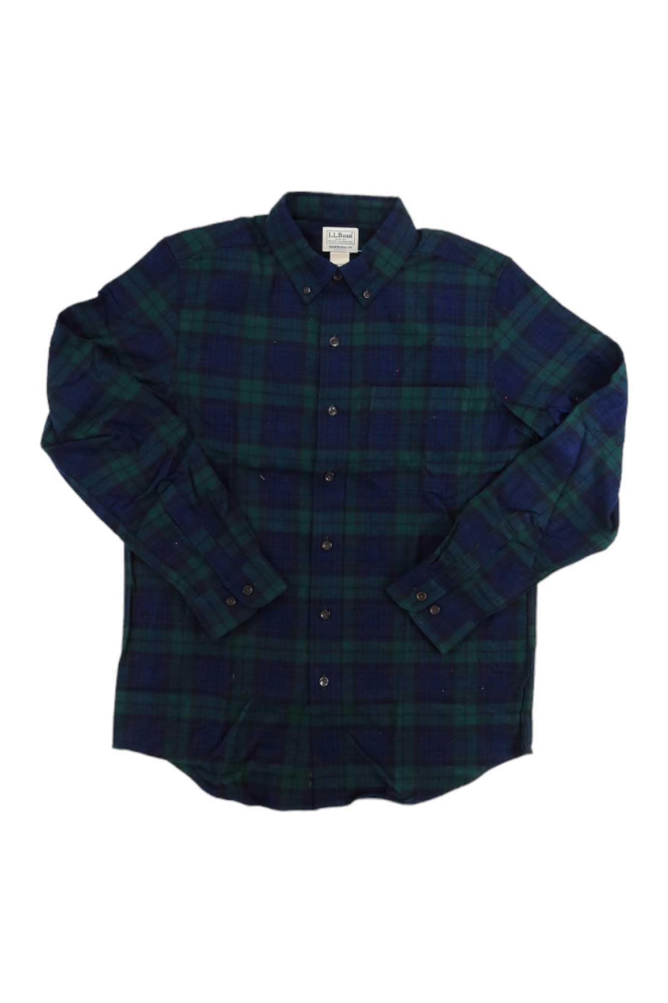 The L.L.Bean Men's Scotch Plaid Flannel Shirt is a long-sleeve, button-up shirt made from Portuguese cotton flannel, featuring blue and green plaid, a collar, and buttoned cuffs.