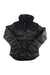 The Powderhorn Womens The Original Jacket, a down-insulated puffer with a camouflage pattern, black shoulder panels, high collar, and brown buttons, is shown laid flat on a white background.