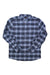 The Orvis Men's Flat Creek Tech Flannel LS Shirt is an active fit, long-sleeve flannel in blue, black, and white plaid with two button-flap chest pockets. Shirt shown laid flat on a white background.