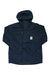 The Topo Designs Mens Mountain Parka, in navy blue, features a front zipper, hood drawstrings, two large front pockets, and a small square white label on the left chest. The jacket is displayed flat on a white background.
