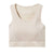 The Smartwool Womens Intraknit Racerback Bra is a beige, seamless sports bra with a scoop neckline, ribbed underband, and subtle textured front detailing, shown against a white background.