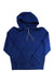 The Topo Designs Men's Dirt Hoodie in royal blue features a front pocket, sustainable fleece, and gray drawstrings with red tips, shown laid flat on a white background.
