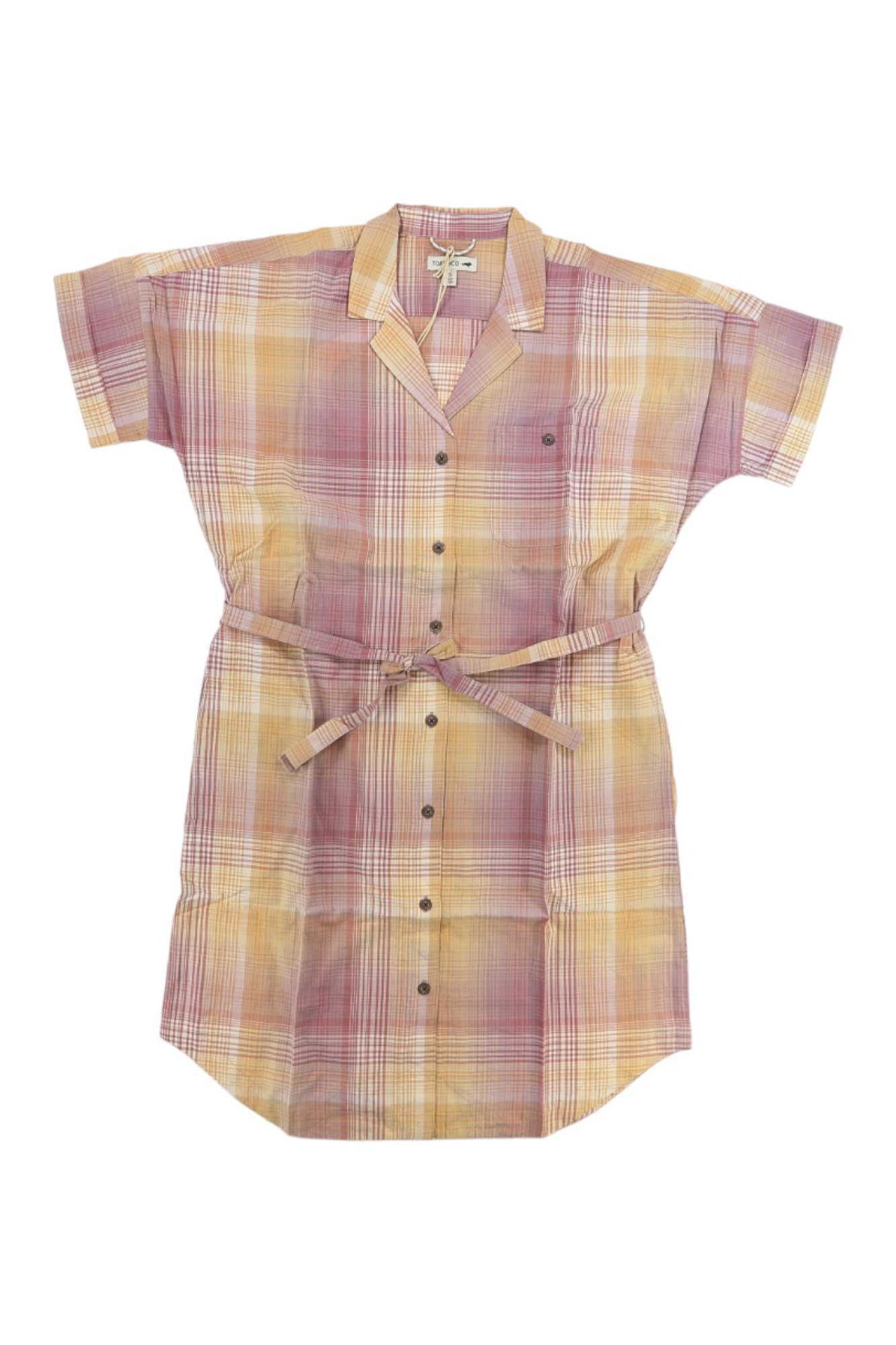 The Toad & Co Women's Willet SS Shirtdress is an organic cotton, short-sleeve, belted dress with a yellow, pink, and white plaid pattern, button-down front, and notched collar. Shown laid flat on a white background.