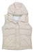 The Powderhorn Women's Jackson Vest is sleeveless, light beige, and water-resistant with down filling, leather shoulder reinforcements, padded hood, two front pockets, and a zipper with snap button closure.