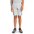 A person wears The North Face Boys' Slacker 8 Inch Short in light gray with an adjustable waist and black side panels, a matching gray shirt, and black and white sneakers, standing against a plain white background.